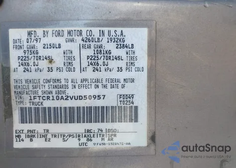 1997 Ford Ranger Splash/Xl/Xlt z USA, uszkodzony, nr VIN 1FTCR10A2VUD50957